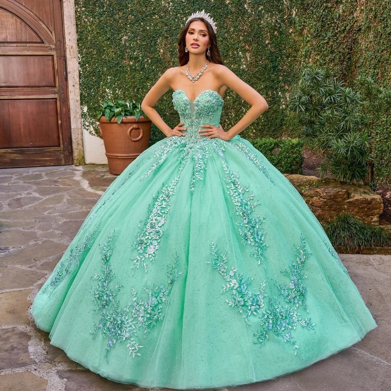 Mexican 2024 Green Shiny Quinceanera Dress Sweet 16 15 Ball Gowns Appliques Lace Beads Tulle With Cape Formal Vestidos De XV Anos