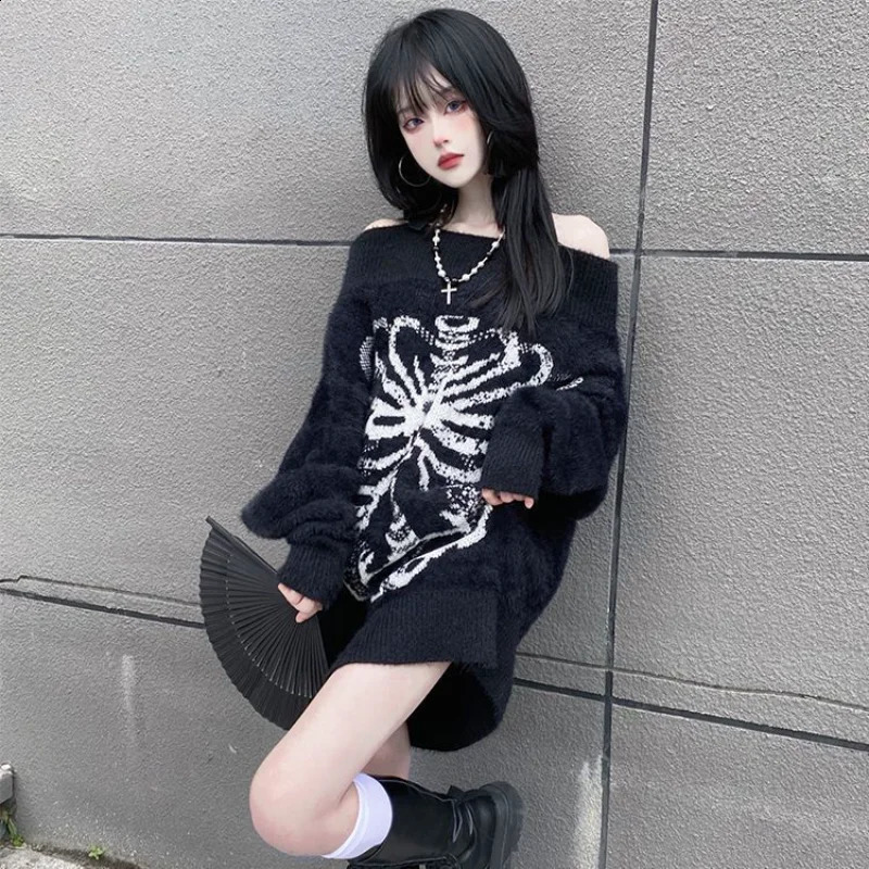 Womens Gothic Skull Printed Harajuku Sweater Knitwear Top Aesthetic Black Pulled Fashion Street Clothing Y2k 240821