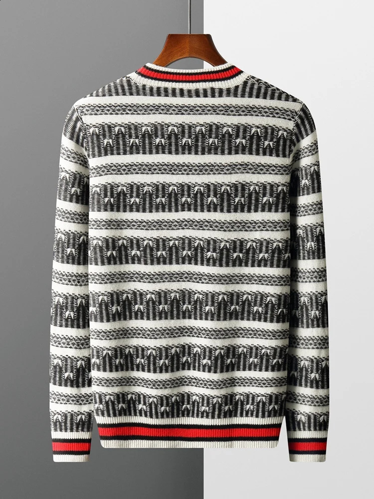 Autumn and Winter 100% Merino Wool Knitted Cashmere Sweater Mens O-Neck Pullover Jacquard Retro Stripe Contrast Top 240821