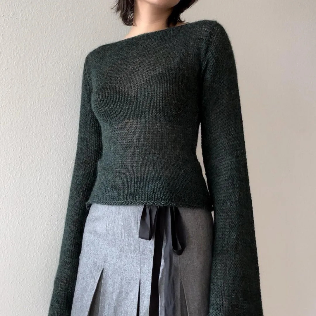 Womens Y2K retro sweater Flare long sleeved boat neck solid color knitted floral casual top 240821