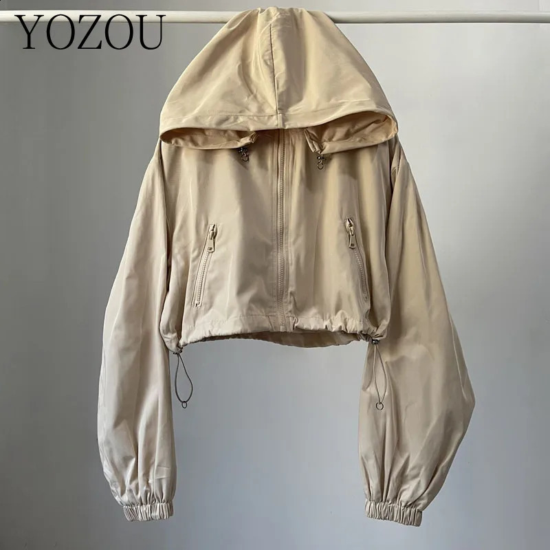 Autumn Gorpcore Cargo Stylish Black Hooded Cropped Top Windbreaker Women Zipper Bomber Jacket Coat Pink Green Beige 240820