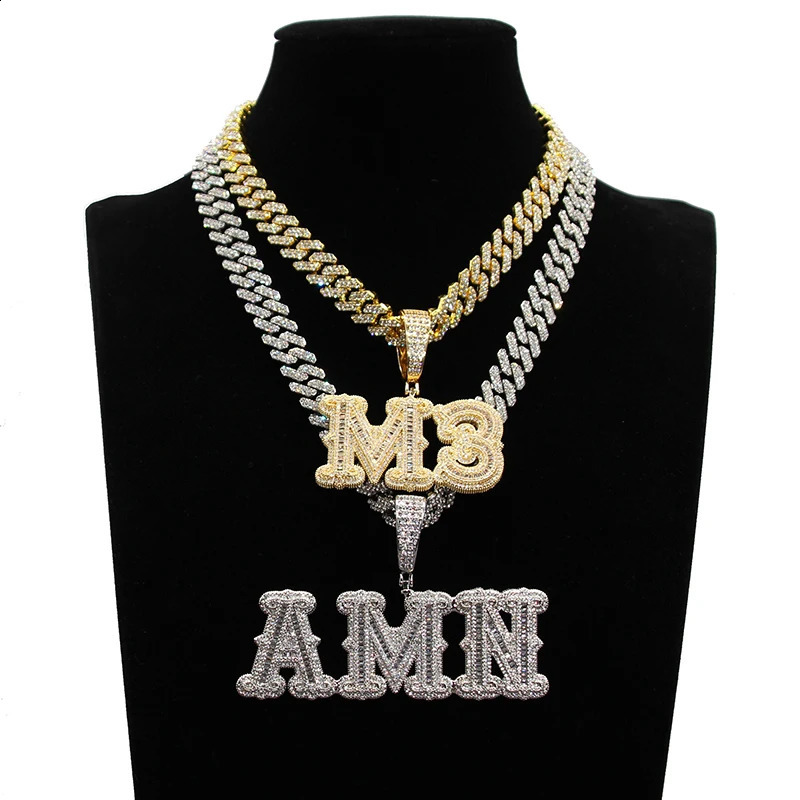 Customized name necklace with zirconia bagel letters and 12MM Cuban chain hip-hop pendant suitable for men women and hip-hop jewelry 240808