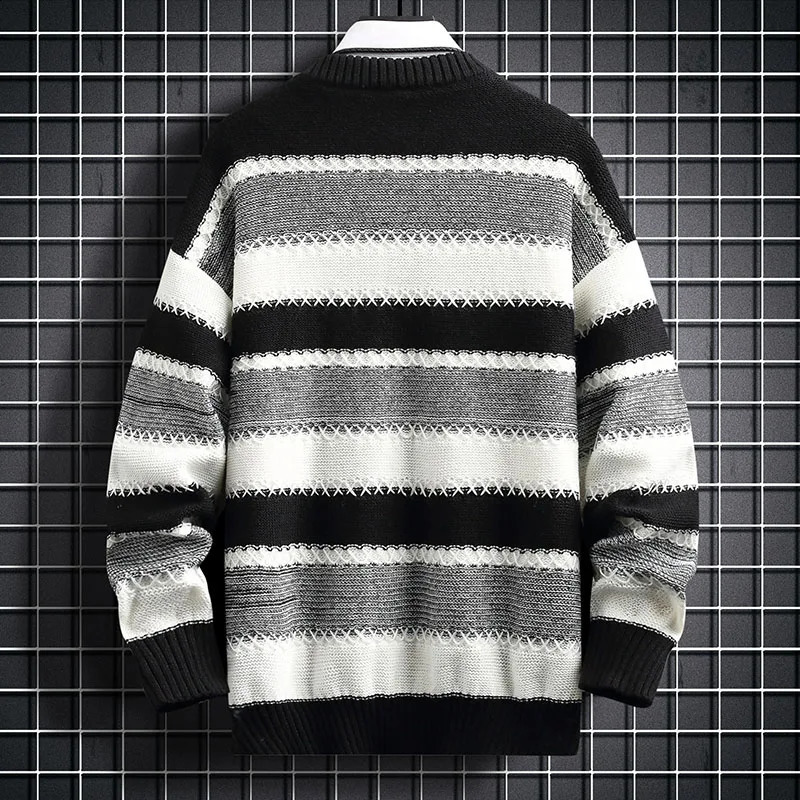 Mens Autumn Winter Pullover Mens Fashion Korean Casual Loose Striped Thicken Knitted Sweater Street Outdoor Warm Sweatshirt 240821
