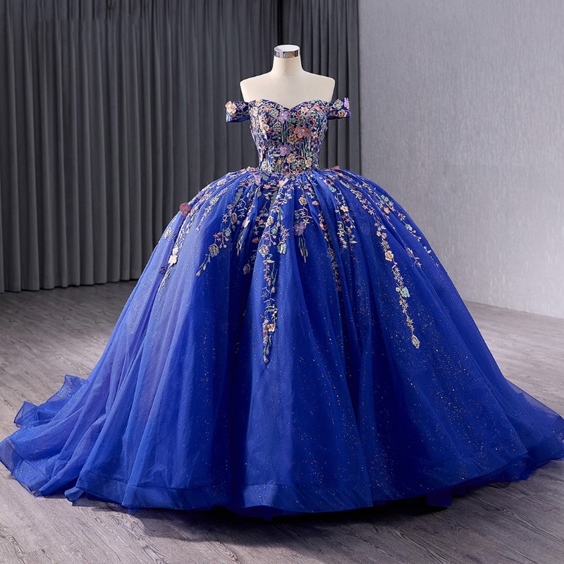 Royal Blue Shiny Quinceanera Dress Off The Shoulder Lace Applique Tull Birthday Party Sweet 16 Vestidos De 15 Anos