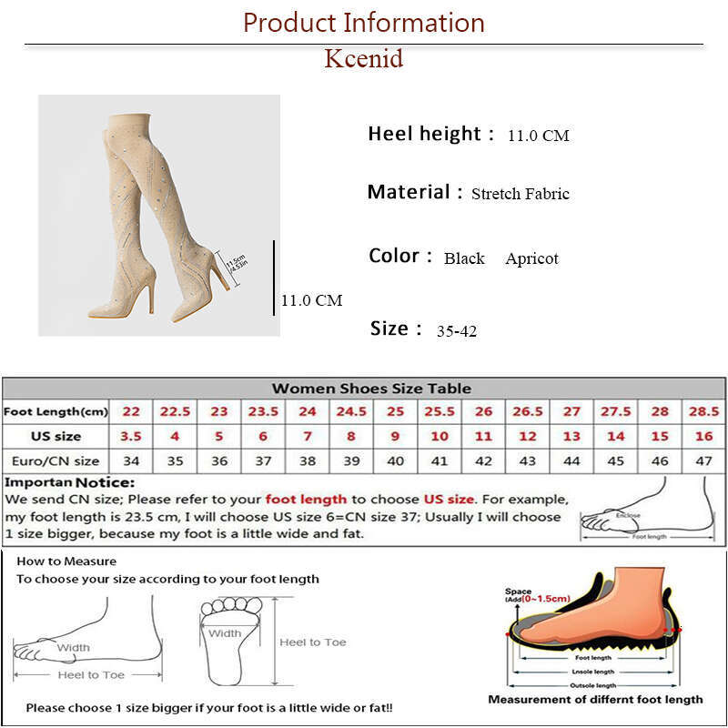 Kcenid Fashion Crystal Rhie Stretch Fabric Sock Mid-Calnkle Women Pointed Toe High Heels Over The Knee Long Boots
