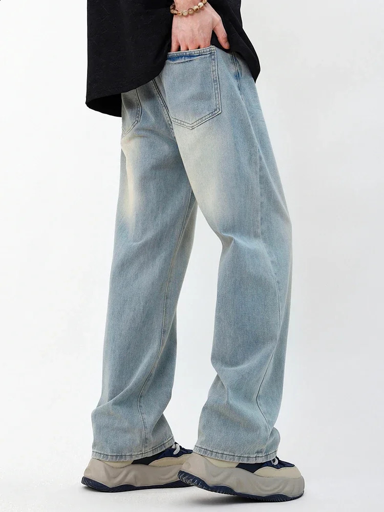 Baggy Korean Jeans Mens Personalized Y2k Pants Fashion Straight Casual Vintage Denim Trousers Male Streetwear Blue 240821