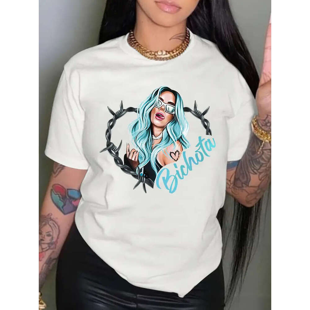 Print Bichota Crew Neck T-shirt, Casual Short Sleeve Drop Shoulder Top, Women's Clothing
