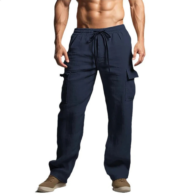 Classic retro straight linen mens casual solid color loose pants spring daily comfortable 240821