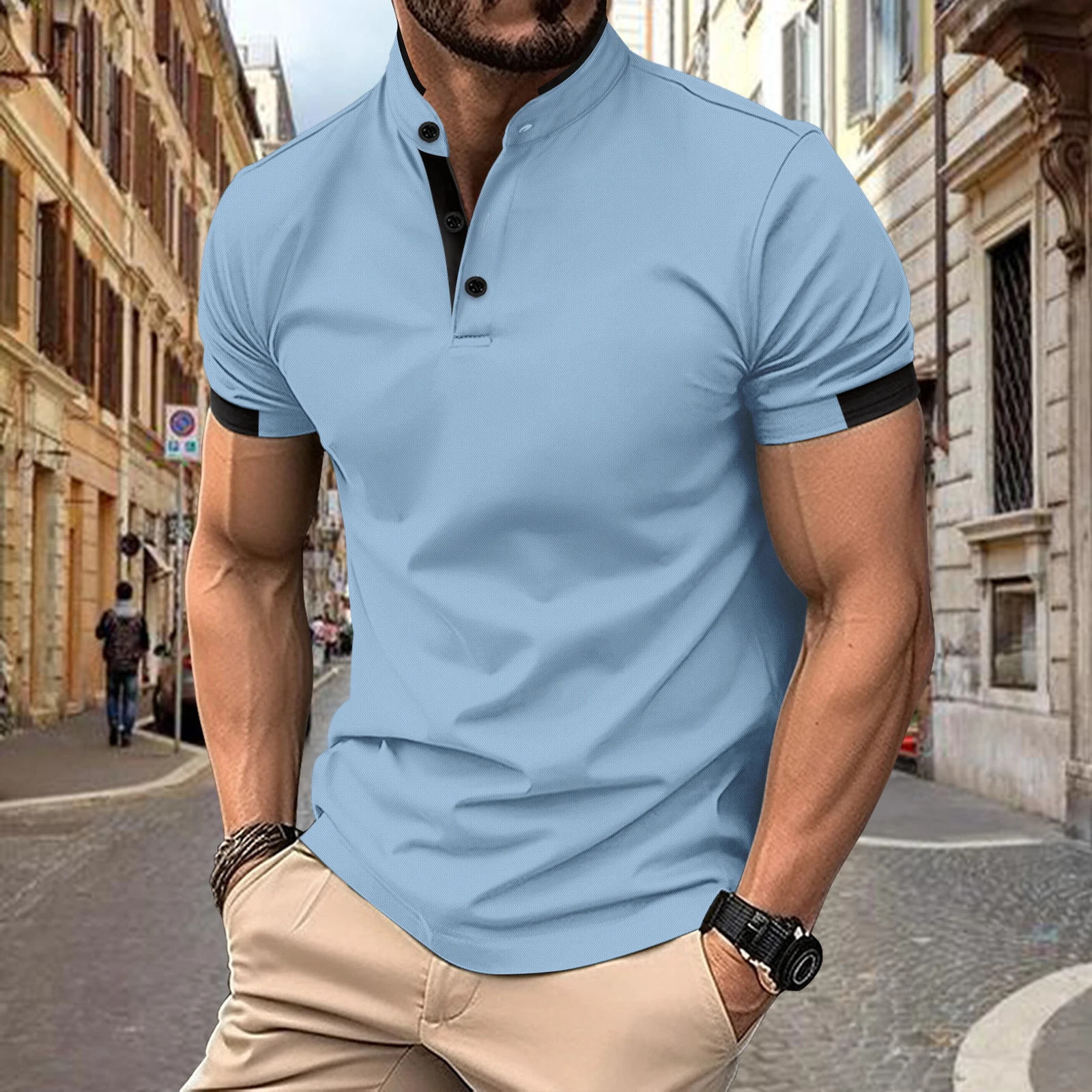 2024 Summer mens Henry Neck short-sleeved polo shirt Business casual button fashion breathable T-shirt 240821