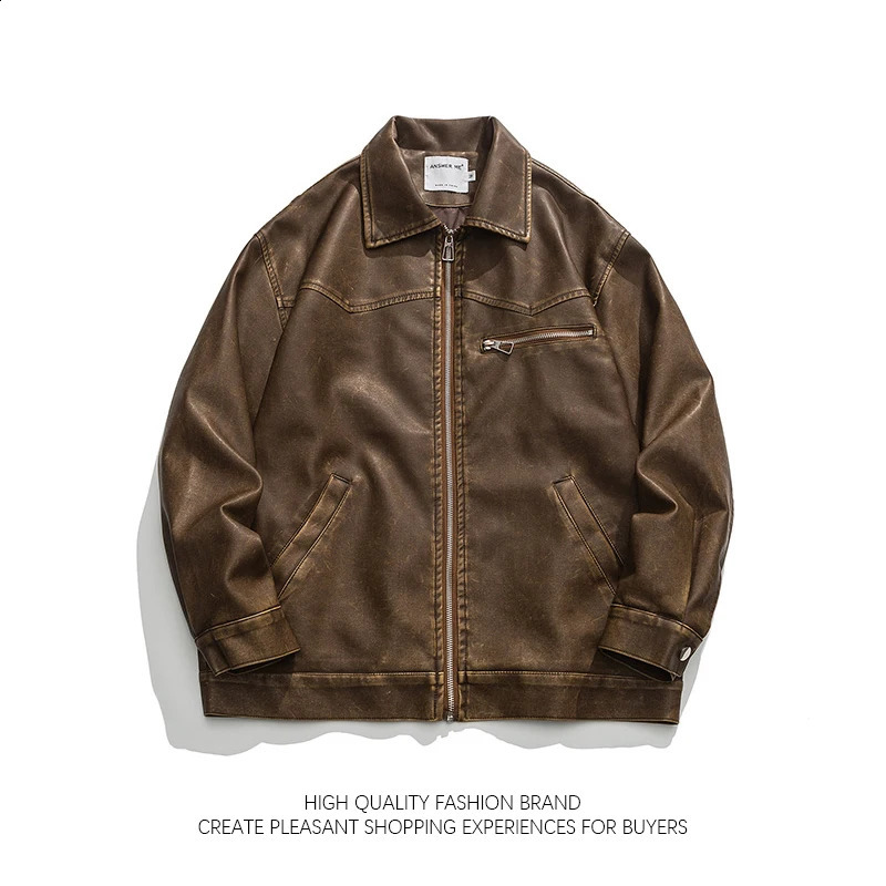 American Vintage Washed Leather Jacket for Mens Autumn Niche High-end Motorcycle Bomber Jacket Women BF Style Cool Lapel Coat 240820