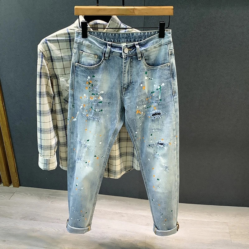 Streetwear Jeans Mens Spray Paint Personality Fashion Slim Elastic Youth Hip-hop Motorcycle Denim Trousers Male Trousers 240821