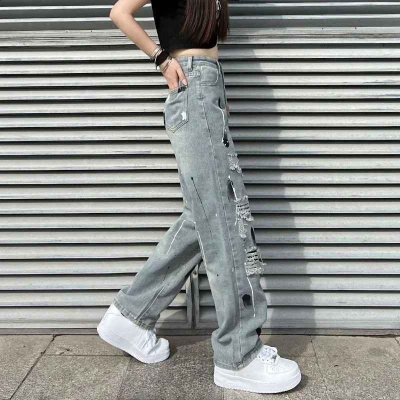 Torn with Holes Blue Pattern Graphic High Waist S Womens Jeans Ripped Straight Leg Pants for Women Pockets Print Trousers R Z 240821