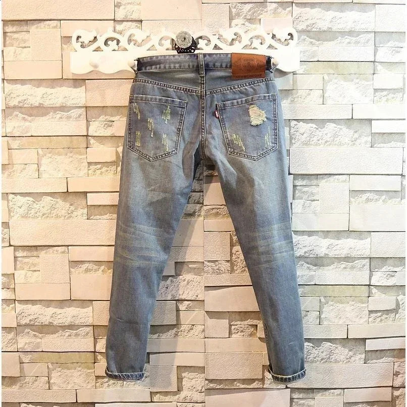 Mens Jeans Cropped Trousers with Holes Man Cowboy Pants Slim Fit Skinny Broken Tight Pipe Torn Ripped Korean Autumn Denim 240821