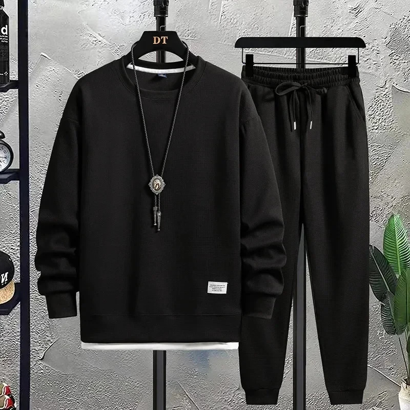 Mens Waffle Suit Sets Casual Long Sleeved Sweatshirt and Pants for Sports Mens T-shirt Hoodie Casual Trousers Set Loose Fit 240821