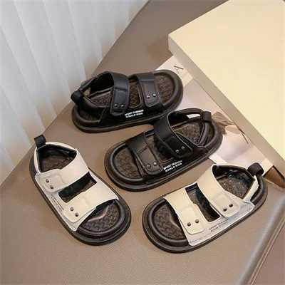 Childrens non slip soft sole black/beige leather sandals boys and girls 2024 summer new PU beach shoes size 26-36 W240821