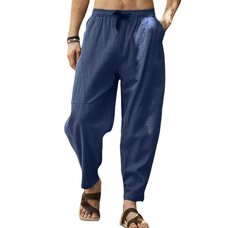 Mens cotton linen pants mens autumn casual breathable solid color linen pants fitness pocket pencil pants M-5XLW240725