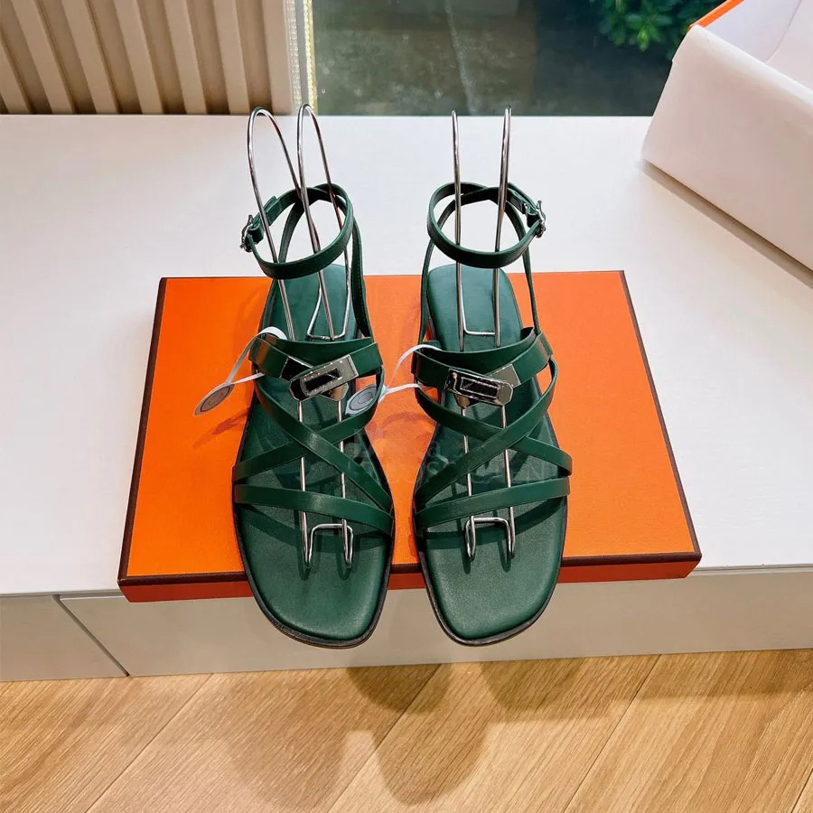 Top quality Silver button Flat Sandals Ankle Strap Flat heel Beach shoes Women's leather Luxury designer sandals Vacation Office casual shoes size 35-42 with box