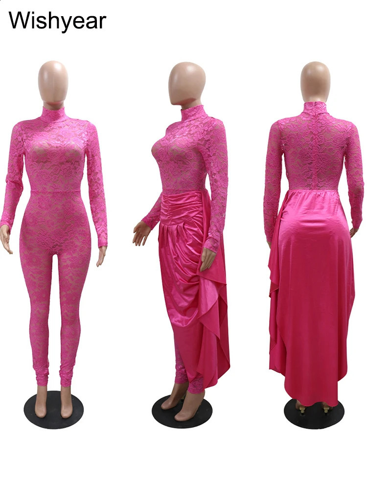 Elegant Lace Long Sleeve Jumpsuit with Skirt Wrapped Hip 2 Two Piece Set Women Spring Sexy Night Club Outfits Birthday Rompers 240820