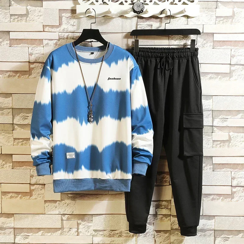 Foreign Trade Autumn Korean Edition Mens Large Relaxed Sweater Extended Pants Set 240821