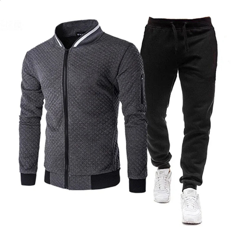 Mens Fall winter Two-piece Sports Sets Stand-up Collar Solid Color Plaid Zipper Sweater Baseball Sports Suit 240821