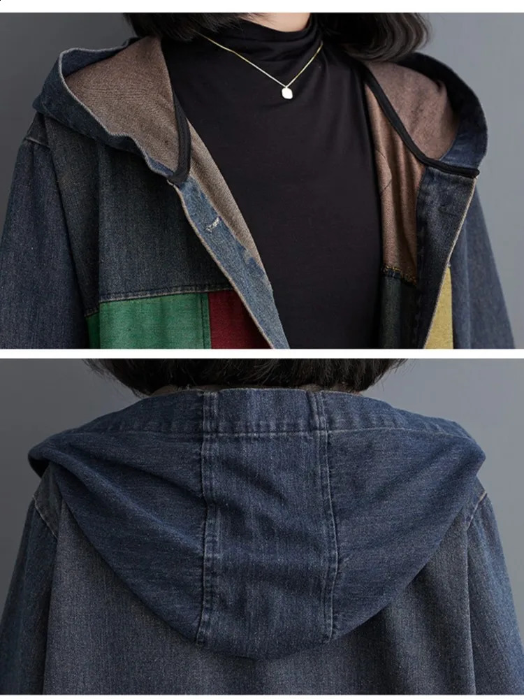 Oversized Autumn Denim Long Hoodies Trench Coat Women Modis Print Patchwork Ladies Windbreaks Casual Loose Woman 2023 240820 - view 6