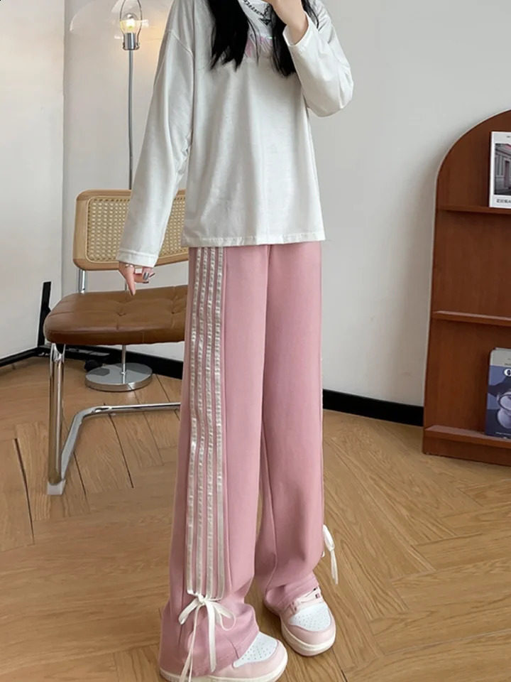 Y2k Pink Striped Sweatpants High Waist Casual Bows Wide Leg Pants Harajuku Trousers Streetwear 240821