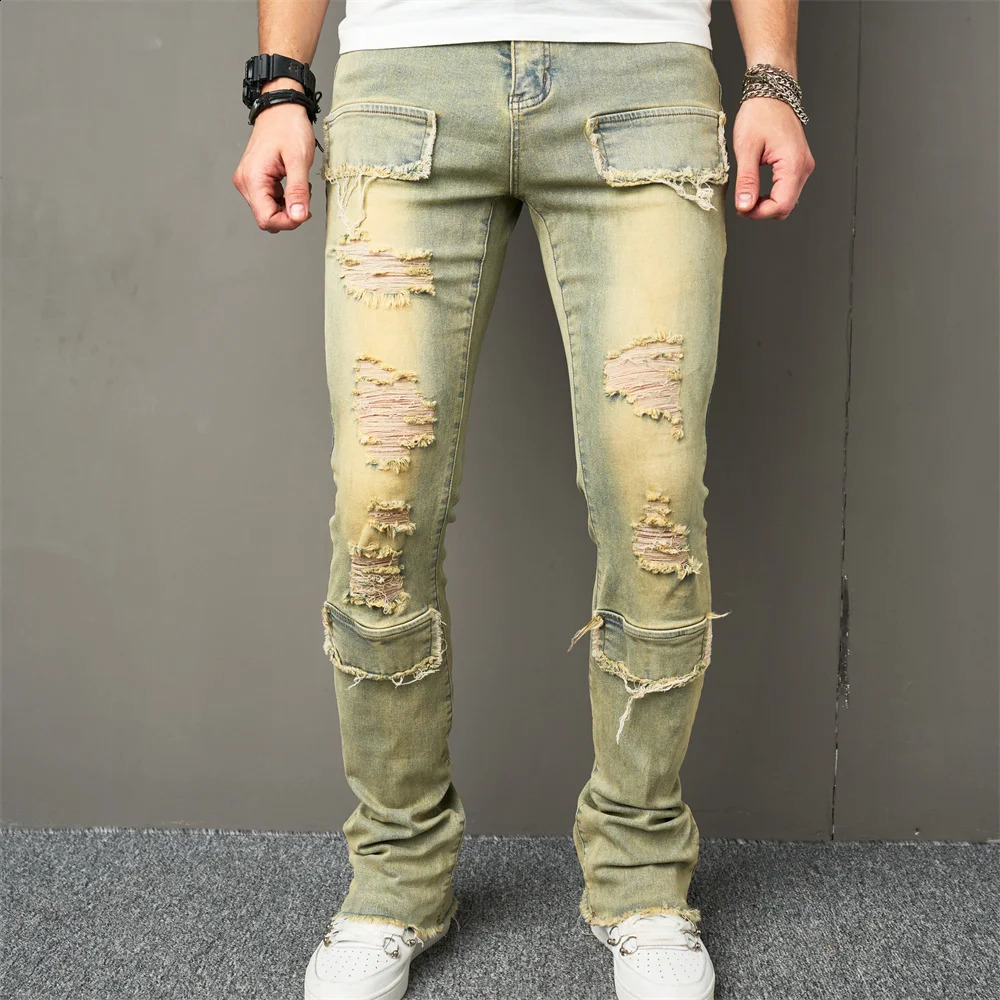 Vintage Style Men Streetwear Holes Spliced Slim Jeans Trousers Hip hop Stylish Distressed Stretch Denim Pants For Male 240821