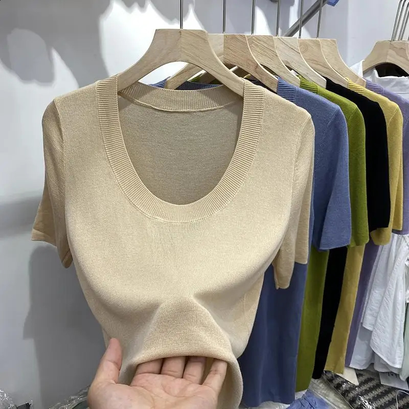 Ice Silk Knitwear U-neck Knitwear Top Womens Summer Soft and Waxy Elastic Slim Scoop Neck Short-sleeved T-shirt Sweater Top 240820
