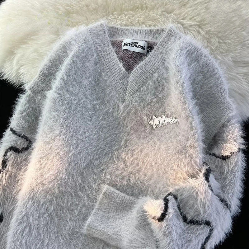 Y2K Fashion Detachable Star Sweater Street Trend For Men And Women Harajuku Lazy Wind V-neck Casual Loose Pullover Sweater 240821