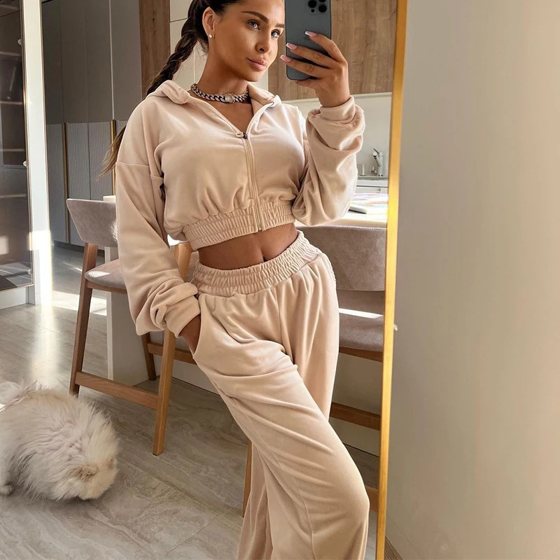 Womens Autumn Leisure Sports Suit Solid Color Long Sleeve Zipper Cardigan Hoodie Fashion Elastic Pants Female Two Piece Set 240820