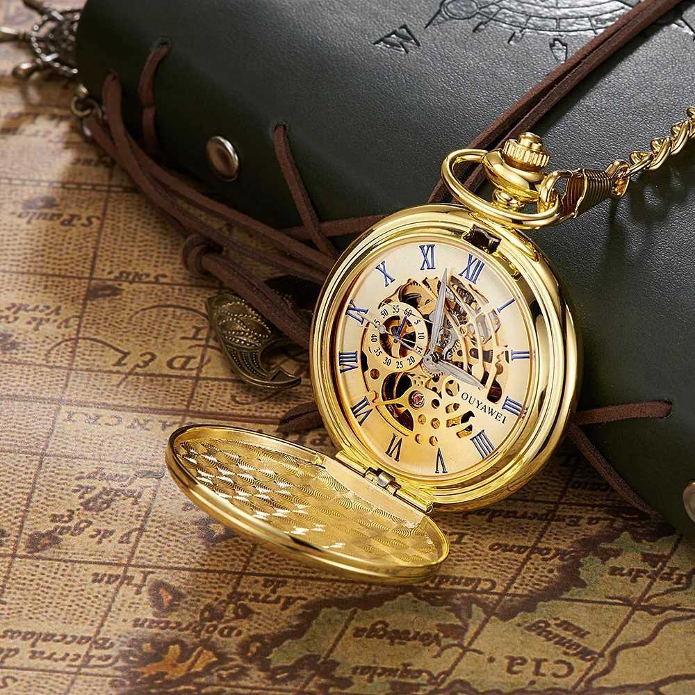 Luxury OYW hand wrapped mechanical silver mens pocket watch skeleton dial steel necklace chain pendant retro dress Fob watch W240820