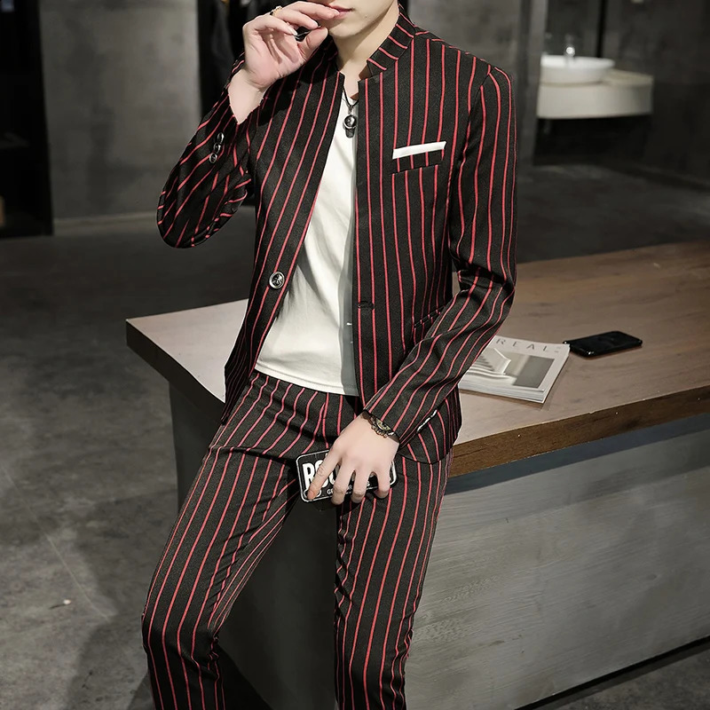 Blazer Pants Mens Fashion Business Casual Korean Version Gentleman Striped Wedding Elegant British Style 2-piece Suit 240821