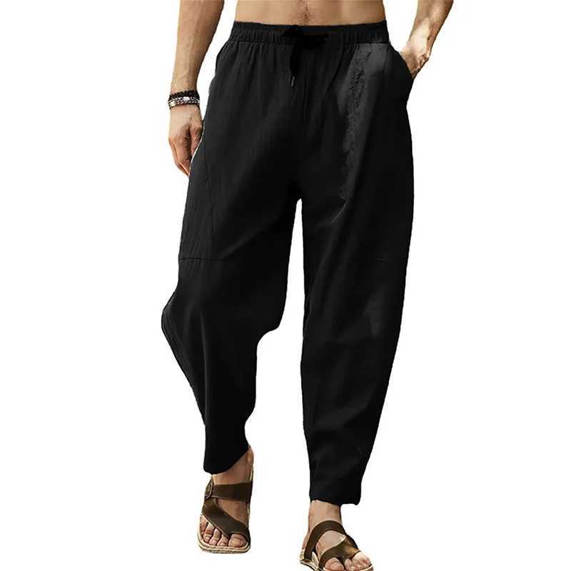 Mens cotton linen pants mens autumn casual breathable solid color linen pants fitness pocket pencil pants M-5XLW240725