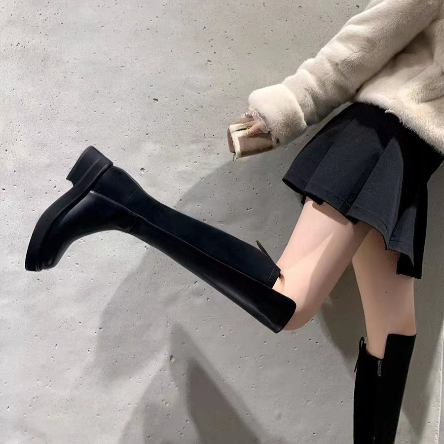 Ddmysports Grape Mom S New Style Thick Soled Short To Medium Length Elastic Knight Boots Women Autumn And Winter Leather OUTDOOR