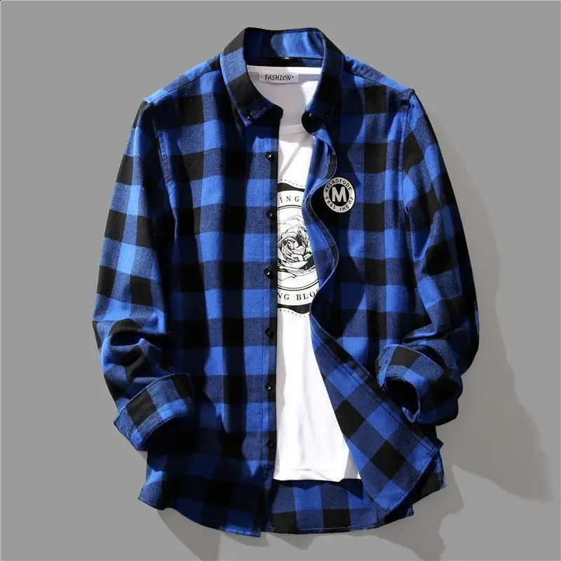 Cotton black and white checkered mens shirt Korean spring loose casual single-layer long sleeved top 240821