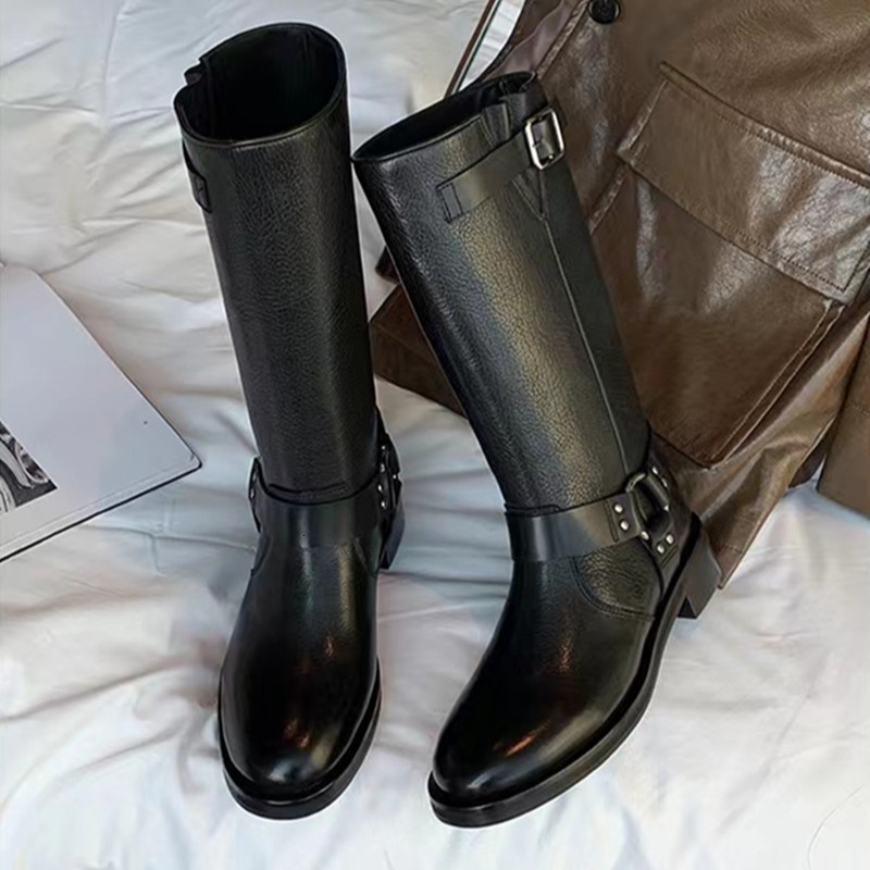 Ddmysports Grape Mom Loves France With The Same Style Cool Sa Plant Tanned Cowhide Belt Buckle Middle Barrel Knight Boots Girl Autumn And Winter OUTDO