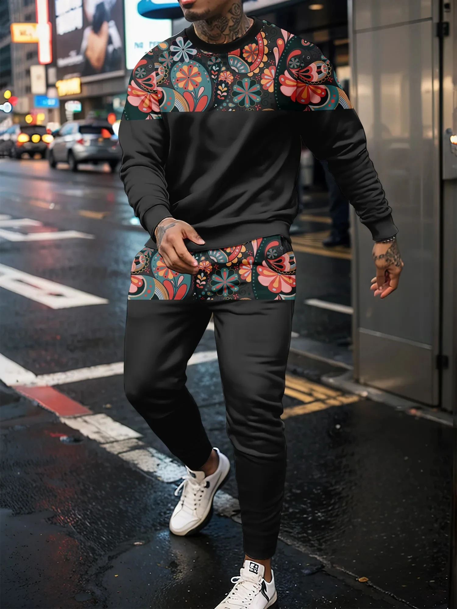 3D Splicing Mens Casual Suit With Round Neck Long Sleeve And Long Pants Fashion Mens Sports Street Personalized Jogging Suits 240821