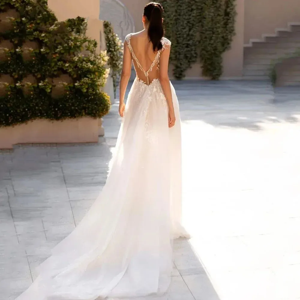 Floral Beach Wedding Dress Boho Side High Slit Lace Applique Bridal GownS Sleeveless Vestidos de Novia Plus Size