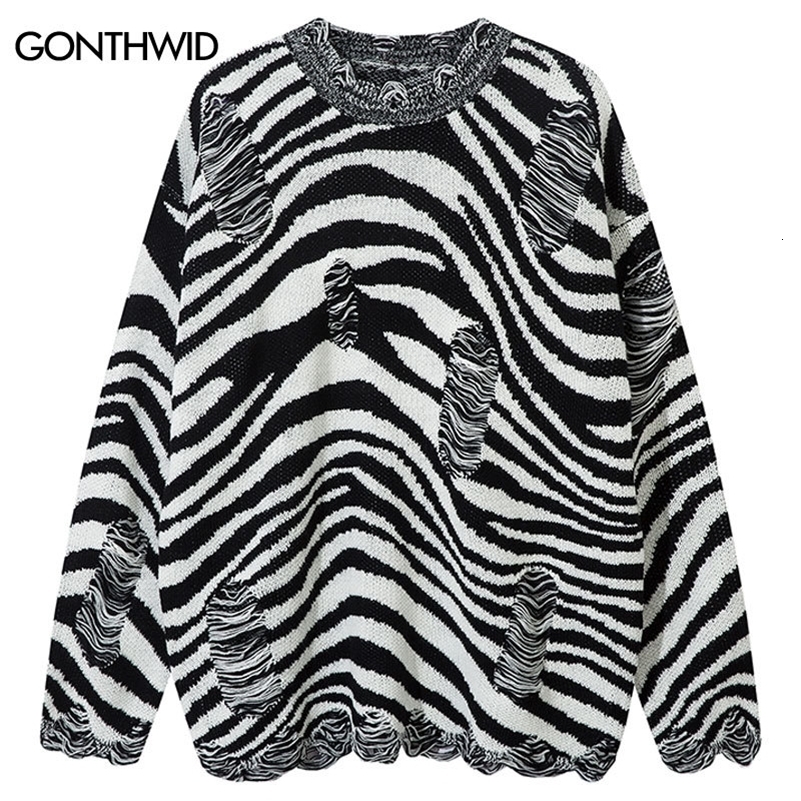 Hip Hop Oversized Sweater Y2K Grunge Knitted Ripped Holes Striped Sweaters Harajuku Punk Gothic Long Sleeve Jumpers Black White 240821
