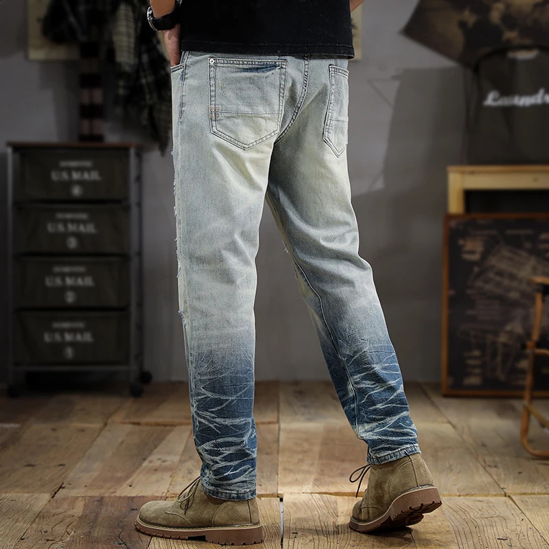 Mens American-Style Vintage Washed Distressed Jeans Mens Ripped Stretch Slim Straight Handsome Skinny Pants 240821