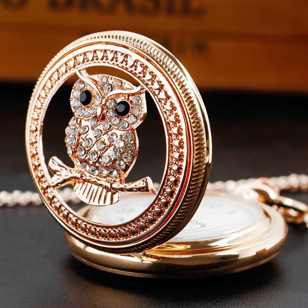 Owl and rose gold womens necklace pocket watch quartz movement pendant pocket FOB watch unisex exquisite gift W240820