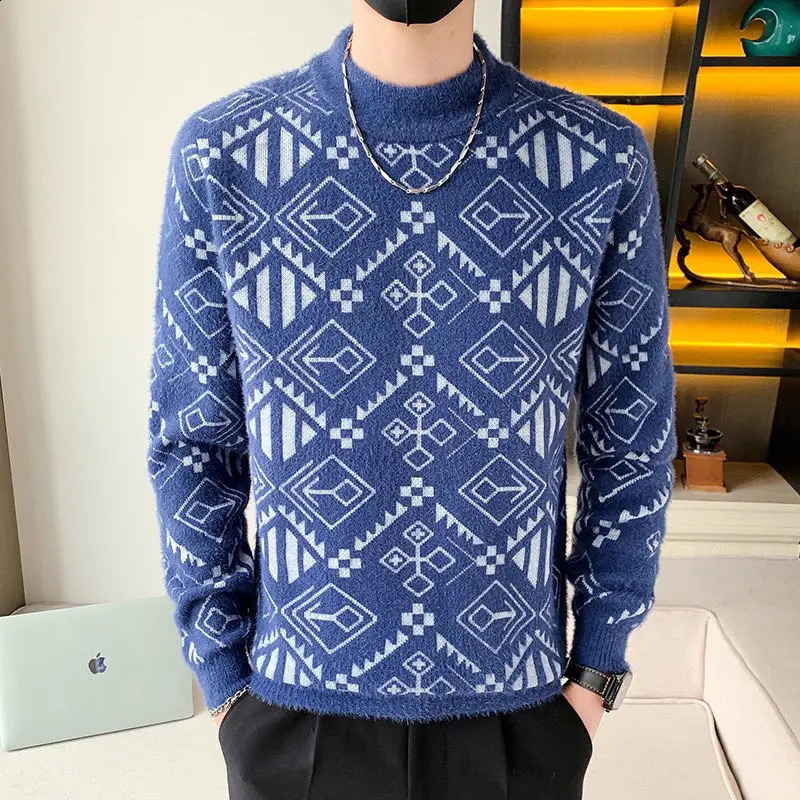 Mens Autumn Winter Korean Slim Trendy Sweater Round Neck Standard Bottom Printed Long Sleeved Pullover Casual Knitted Tops 240821
