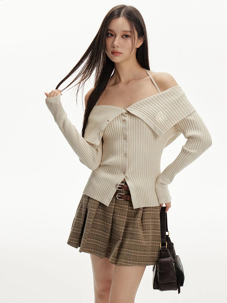 Spring Slant Neck Shoulder Womens Open Fleece Sweater Y2k Fashion Slimming Retro Bandage Strap Knitted 240821