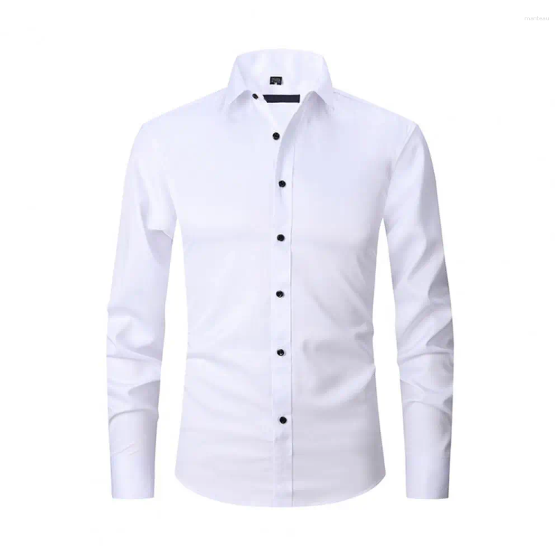 Men's Dress Shirts Men Spring Fall Shirt Turn-down Collar Slim Fit Single-breasted Long Sleeves Pure Color Young Formal Event Office Top