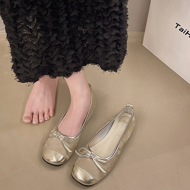 Ddmysports Spring New French Evening Style Single With Shallow Mouth Bow Soft Flat Bottom One Step Versatile Ladle Shoes Women S OUTDOOR