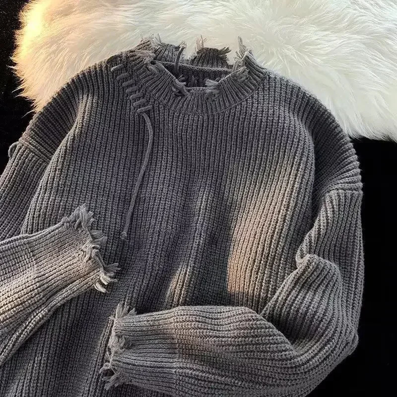 Mens Clothing Pullovers Beige Knit Sweater Male Torn with Holes Solid Color Patchwork Plain Loose Fit Korean Autumn Clothes X A 240821
