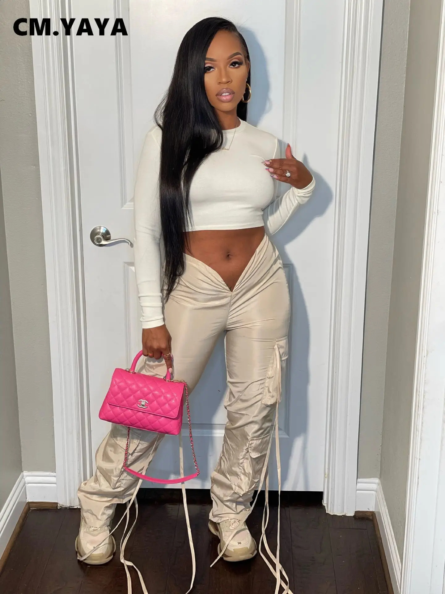 CM.YAYA Women Fashion Pocket Side Straight Wide Leg Safari Style Pants 2024 Summer Lace Up Streetwear Cargo Trousers 240820