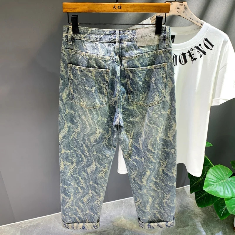 High Street Trendy American Jacquard Full Print Jeans Men Loose Straight Personalized Wide Leg Pants for Men 240821