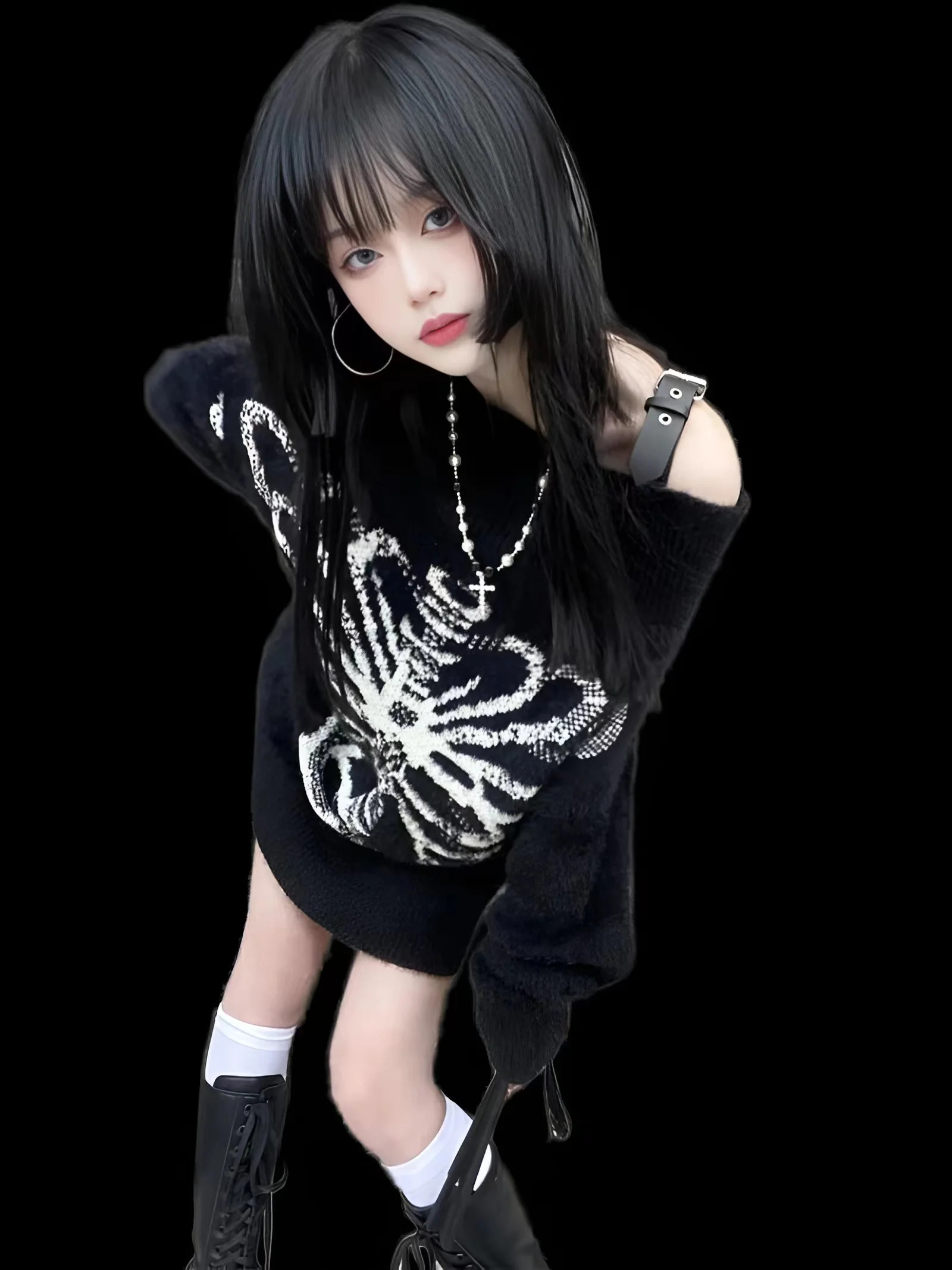 Womens Gothic Skull Printed Harajuku Sweater Knitwear Top Aesthetic Black Pulled Fashion Street Clothing Y2k 240821