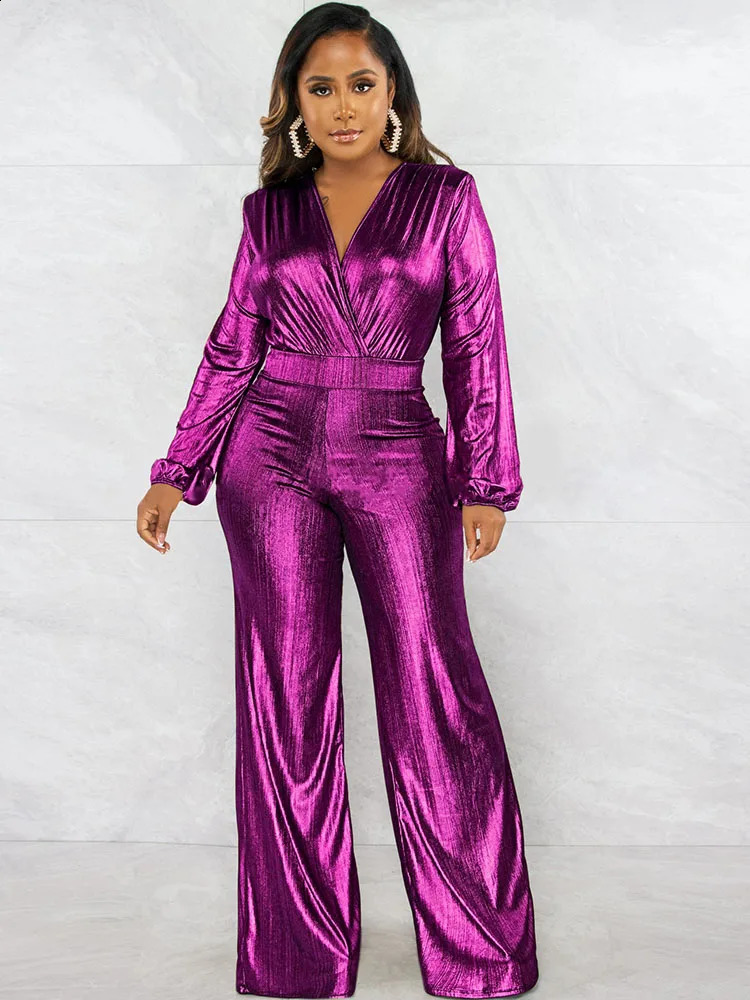 Glitter Metallic Party Nightclub Jumpsuit Women Evening Elegant High Waist Wide Leg Romper Long Sleeve Christmas Birthday Outfit 240820